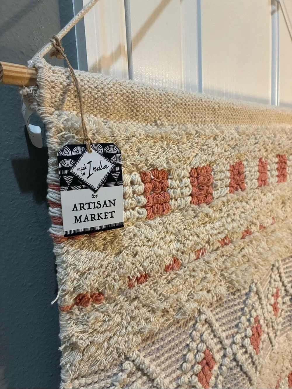 Handmade Cream Grey & Terracotta 31x55 inches, Boho Geometric Woven Tapestry
